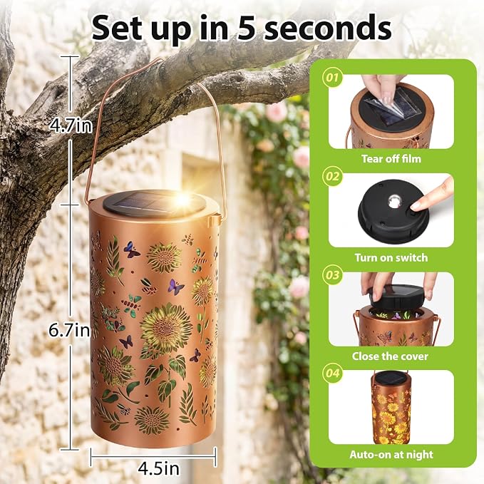 2 Pack Sunflower Solar Lanterns Outdoor Waterproof , Garden Backyard Patio Decor Gifts for Women Mom Sister Her, Grandma Hanging Solar Lights Metal Decoration Outside for Yard, Patio, Backyard, Porch