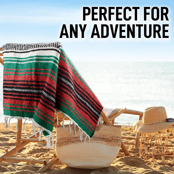 Hydration Nation Authentic Extra Large Mexican Blanket (70"x50") - Handwoven Yoga, Serape- Artisanal Falsa, Beach, Camping, Picnic, Outdoor - Storm Orange