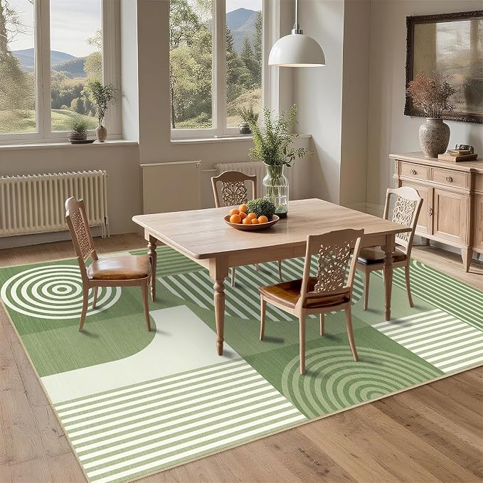 Area Rug 6x9 Living Room Green Geometric Rug Machine Washable Minimalist Line Mid Century Modern Area Rugs Non Slip Low Pile Large Dining Room Indoor Floor Carpet for Bedroom Office,Green