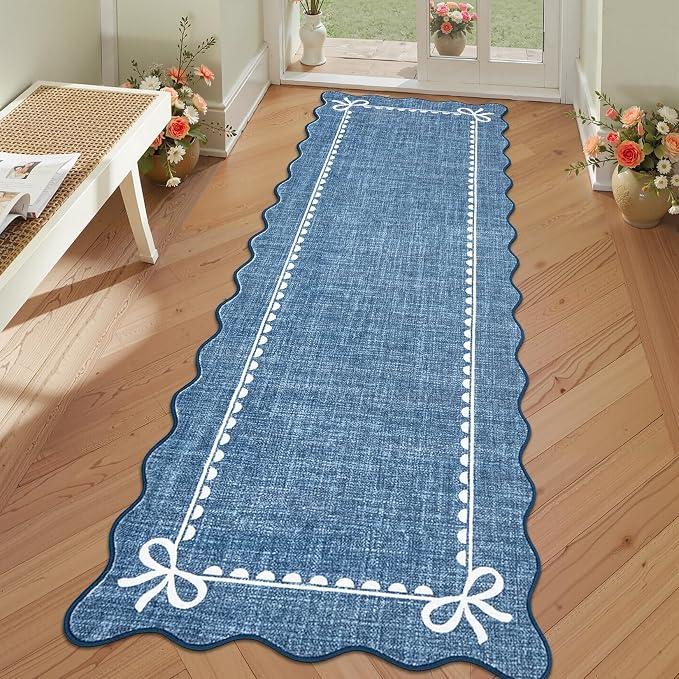 GarveeHome Scalloped Hallway Runner Rug 2.5x8 Non Slip Dark Blue Rugs | Washable Bow Rug for Girls Bedroom Dorm Nursery Entyrway Kitchen, Soft Low Pile Ultra-Thin Stain Resistant Indoor Carpet