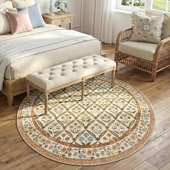 jinchan Round Rug 6ft Vintage Floral Washable Circle Area Rug, Terracotta | Soft & Lightweight, Checkered Floral, Low Pile, Non Slip, Bedroom, Dining Room, Living Room, Girls Room, Reading Nook