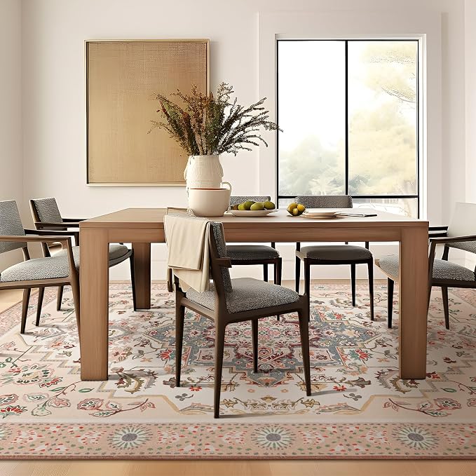 Phantoscope Washable Area Rug 5'x7' Non-Slip, Vintage Boho Rugs for Living Room, Bedroom, Dining Room, Persian Floral Medallion Pattern, Low-Pile Foldable Floor Carpet, Ivory Rose/Fall Bloom