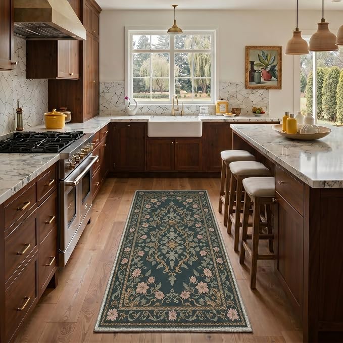 2x3 Doormat, Vintage Floral Washable Non Slip Area Rug for Entrance | Oriental Floral Soft Low Pile Boho Rug for Entryway Bedside Kitchen, Stain Resistant Lightweight Easy Care, Dusty Charcoal