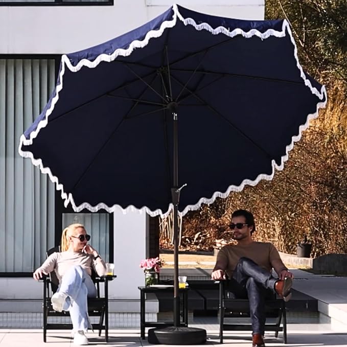 Patiokingdom 9FT Patio Umbrella with Fringe,Tassel Umbrella UPF 50+ & Push-Button Tilt,Rust-Resistant Fiberglass Frame for Pool,Garden,Backyard,Yard (Navy)