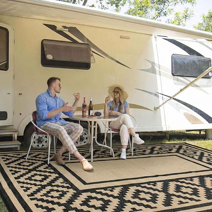 Outdoor Patio Plastic Straw Rug - 8x10 ft Outdoor Camping Rug Waterproof Reversible, Area Carpet Patios RV, Outside Porch Balcony Deck for Camper, Stripe Black Brown