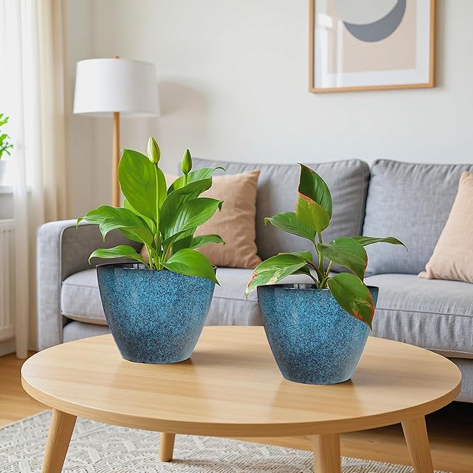Vanslogreen Plant Pots Set of 2, 8 inch Plastic Planters with Drainage Holes, Modern Glaze Flower Plant Pot for Indoor Outdoor Herb Snake Succulent Plants