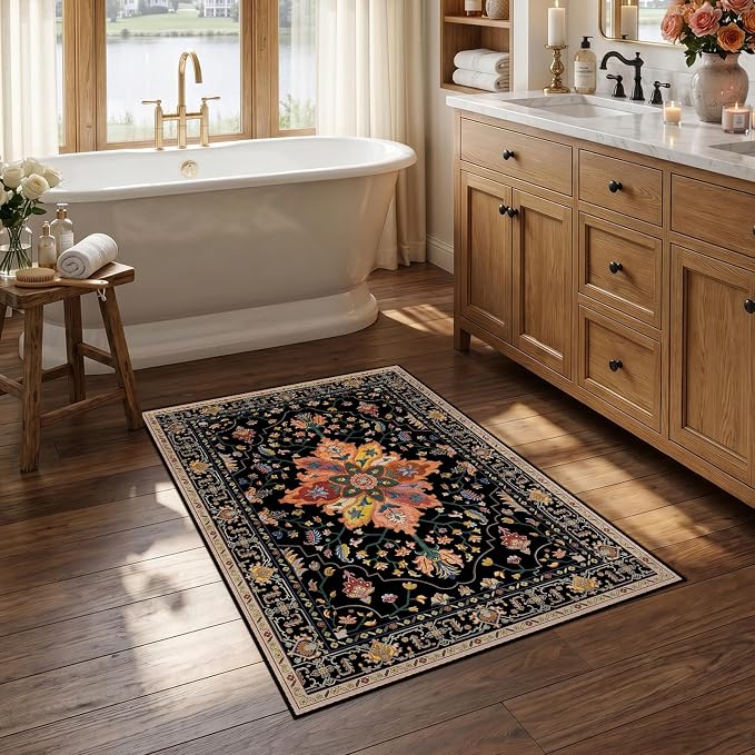 RELEANY Washable Area Rug, Small 2'6"x4', Black/Colorful | Non-Slip, Water Repellent, Pet Friendly, Easy to Clean, Vintage Floral Boho Decor for Kitchen Entryway Bathroom
