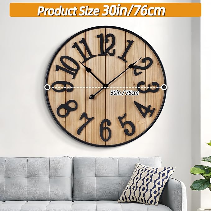 Large Wall Clock 30IN, Silent Metal Wood Style Wall Clocks Battery Operated for Living Room Decor, Farmhouse Big wall Clock, Outdoor