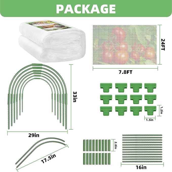 U0U Garden Mesh Netting Kit,7.8 x 24 Ft Plant Netting with Hoops,Bird Net for Garden with 6 Sets Garden Hoops & 18 Clips,Garden Net Bed Cover for Plants Birds Animals Protection (White)
