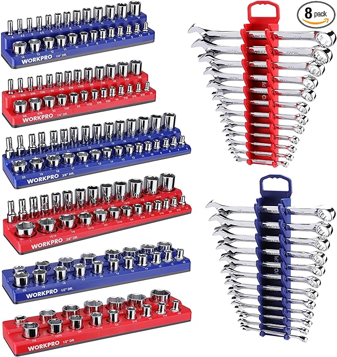 WORKPRO 8-Piece Magnetic Socket and Wrench Organizer Set | 6-Piece Socket Holders, 1/4" 3/8" 1/2" DR Tool Trays, For Metric SAE Sockets, 2-Piece Wrench Holders, For Metric SAE Wrenches