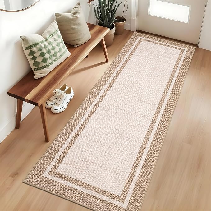 COZYLOOM Modern Border Kitchen Rugs Non Slip Washable 2x8 Runner Rug,Beige | Neutral Solid Color Non Shedding Low Pile Minimalist Stain Resistant Foldable Soft Rug for Bedroom Entryway Hallway Bathroom