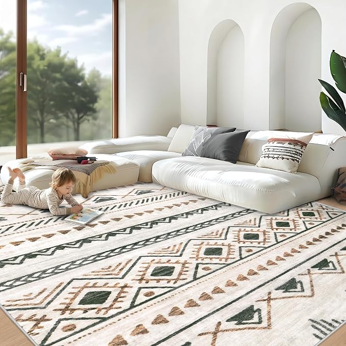 Area Rug Living Room Rugs 8x10 - Large Soft Boho Geometric Rug, Non-Slip Foldable Washable Rugs Non Shedding Morden Indoor Floor Carpet for Living Room Bedroom Office Dining Room(Brown Green,8'x10')