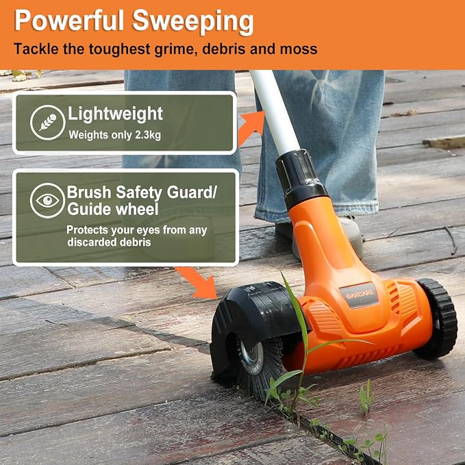 GARCARE 20V Cordless Patio Cleaner - Electric Crack Sweeper with Nylon & Steel Brush, 4.0Ah Battery for Driveway, Block Paving, Moss & Weed Removal