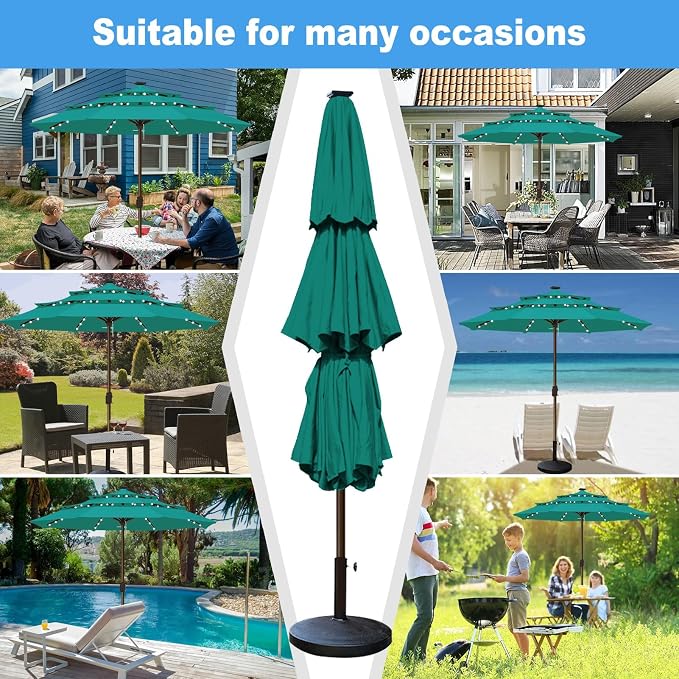 Eurmax USA 10-Year-Non-Fading 10FT 3-Tier Outdoor Patio Market Umbrella with LED Lights,UPF50+ UV Resistant,Commercial Grade,Crank Lift Design,Windproof Vented Top for Garden,Pool,Deck,Teal
