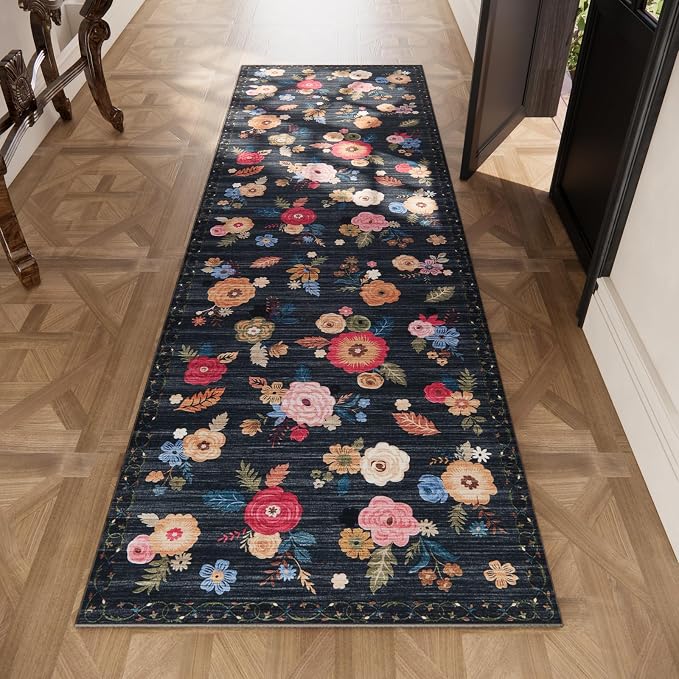 Machine Washable Rug Runners for Hallways: 2'6"x8' Kitchen Runner Rug Non Slip Low Pile Soft Faux Wool Floral Floor Rug Non Shedding Carpet Runners for Entryway Bedroom Hallway Living Room Farmhouse