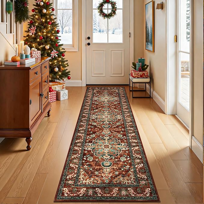 U'Artlines 2' x 7' Boho Hallway Runner Rug, Washable Carpet, Rust＆Teal | Non Slip, Vintage Farmhouse Accent Area Rug Carpet, for Kitchen Entryway Laundry and Living Room