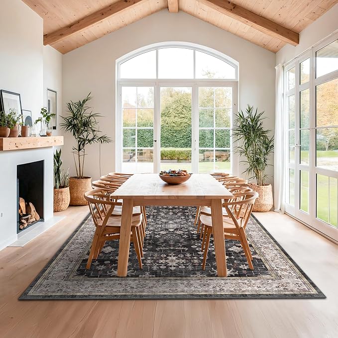 Boho Black Rug for Living Room - Washable 10x12 Area Rug, Dining Room Rugs for Under Table, Soft Low Pile Carpet for Bedroom - Farmhouse Decor, Non-Slip & Stain Resistance