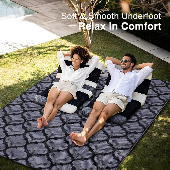 OLANLY Reversible Outdoor Rug 5x8 ft Clearance, Waterproof Outdoor Plastic Straw Rug with Interlacing Pattern, RV Mat for Patio, Camping, Balcony, Deck, Backyard, Black & Grey