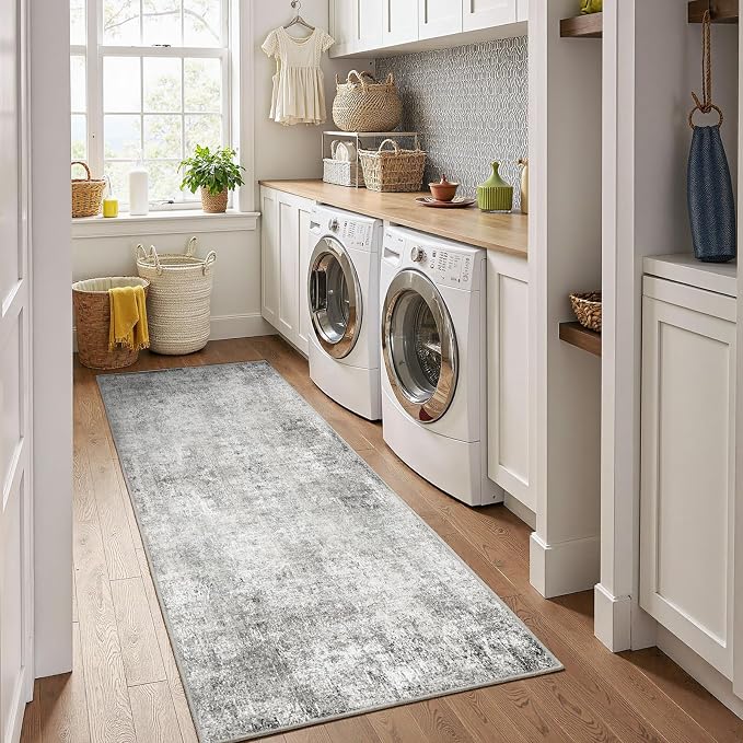 RELEANY Washable Runner 2'x6' Abstract Area Rug for Hallway Gray White | Carpet for Kitchen, Entryway, Bathroom, Living Room, Bedroom, Printed Pattern, Non‑Slip, Soft, Stain‑Resistant, Easy to Clean