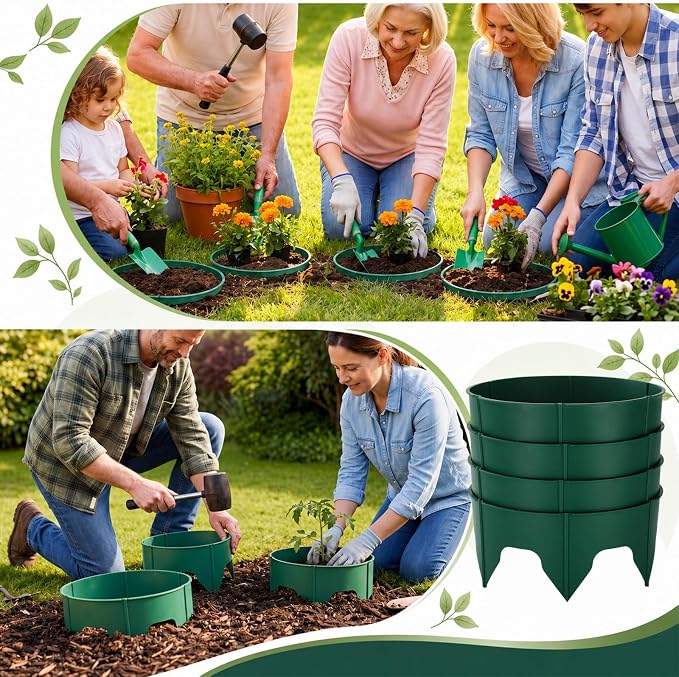 Ripeng 6 Pack 8-12 Inch Planting Grow Rings for Outdoor Plants Green Adjustable Planting Ring Interlocking Garden Ring with Rubber Mallet to Separate Rock Pest for Deep Watering Veggies Herbs Flowers