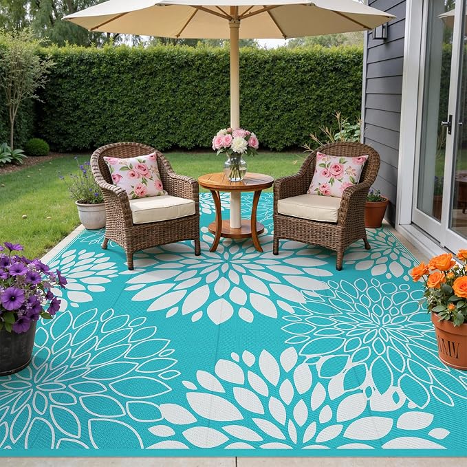 Ileading Waterproof Outdoor Rug 8x10, Reversible Plastic Straw Patio Rug, Portable Indoor Outdoor RV Camping Mat Carpet for Deck, Porch, Balcony, Backyard, Picnic, Floral Teal
