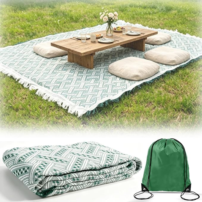 91'' x 71''Extra Large Outdoor Boho Picnic Blanket,Woven Cotton Yarn Blanket with Fringe for Boho Decor Camping Lawn Wedding Photoshoot Beach Park Grass (Green)