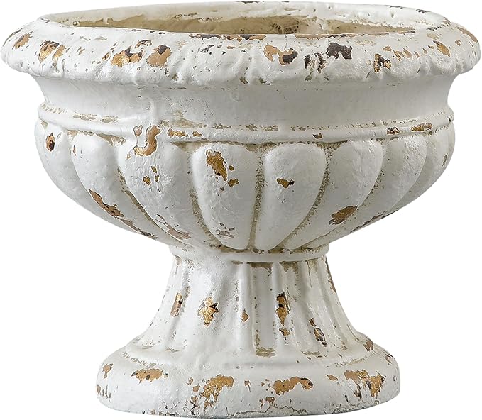 SOFE Vintage Large Pedestal Vase, 11 Inches Tall Front Porch Garden Planters, Resin Compote Vase, Distressed White Flower Pot, French Country Home Decor