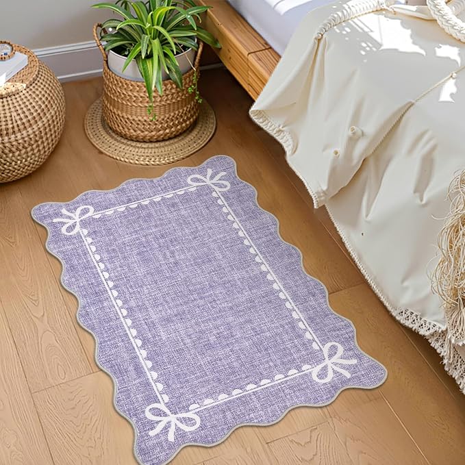 GarveeHome Scalloped Entryway Rug 2x3 Washable Front Door Bow Rug, Purple | Non Slip Soft Low Pile Ultra-Thin Stain Resistant Indoor Carpet for Girls Dorm Nursery Bedroom Decor Hallway Kitchen Floor