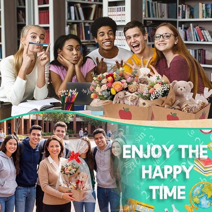 Qinyoung 12 Pcs Apple Kraft Baskets for Gifts Empty Teacher Appreciation Gift Basket with Handles, Pull Bows, Cellophane Bags and Twist Ties for CNA Teachers Week & Back to School Events, 9.8x6.5''