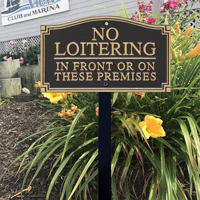 SmartSign “No Loitering In Front Or On These Premises” GardenBoss Statement Plaque | 5.75" x 9.5" Aluminum Plaque with 18" Black Lawn Stake