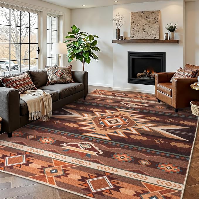 9x12 Western Rustic Aztec Area Rug for Living Room Bedroom Dining Room | 9x12 Southwestern Tribal Red Brown Low Pile Faux Wool Rug, Machine Washable Non-Slip Carpet for Living Room Dining Bedroom
