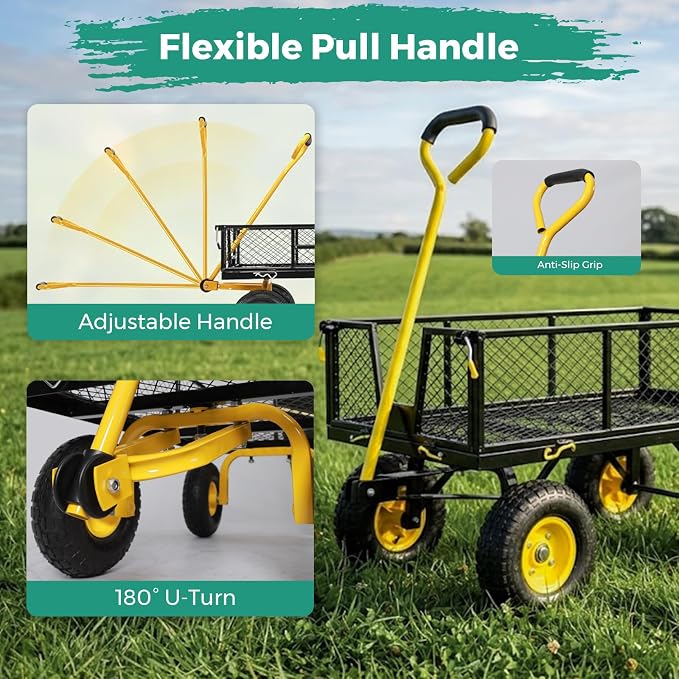 SUNNYFEEL 900 LBS Garden Cart Heavy Duty with 180° Rotating Handle | Metal Yard Utility Wagon Carts with 10" All Terrain Tires, Mesh Removable Sides, All Season Steel Yard Cart for Yard, Lawn