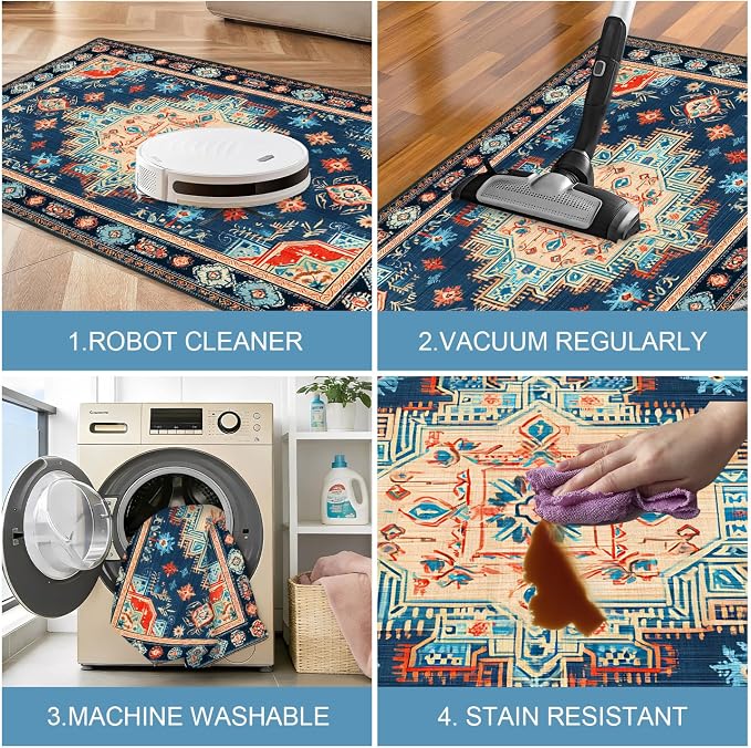 Navy Blue Coral Tribal 2x3 Entry Rug,Washable Small Rugs for Entryway Kitchen Bathroom Door Mat Indoor Entrance,Non Slip Rubber Backing,Stain & Fade Resistant,Bohemian Southwestern Decor