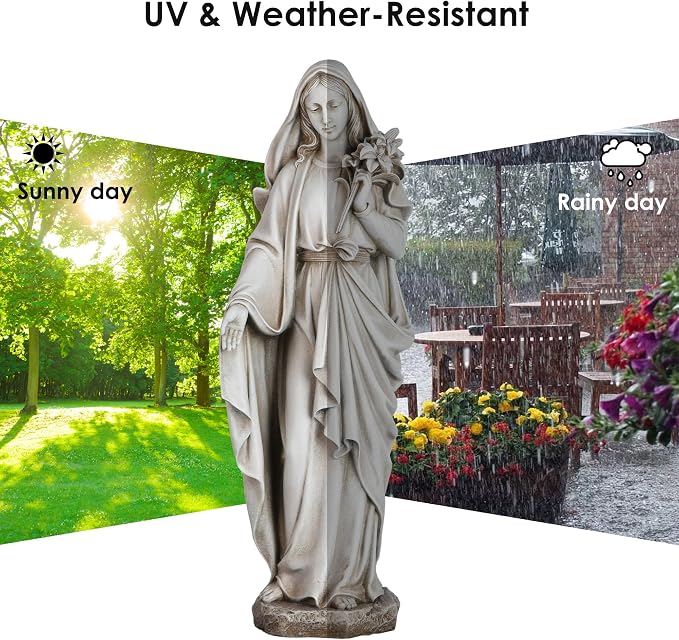 Grace4Joy Virgin Mary Statue Outdoor, 24 Inches Blessed Mother Mary Garden Statue, Rustic Saint Mary Holding Lilies Outdoor Sculpture for Home Yard Patio Lawn Hallway Decor