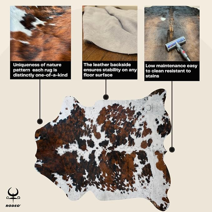 rodeo Tricolor Cowhide Rug – Genuine Western Cowhide for Living Room, Bedroom, Office or Luxury Hotel Décor – Hypoallergenic, Pet & Child Friendly – Extra Large 7x8 ft Rug