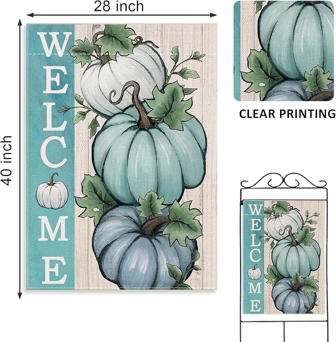 Welcome Fall Teal White Pumpkins Decorative House Flag, Autumn Farmhouse Seasonal Garden Yard Outside Decorations, Thanksgiving Rustic Burlap Outdoor Large Home Decor Double Sided 28 x 40