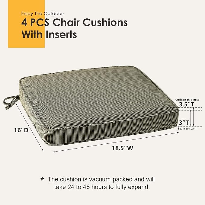 Outdoor Square Corner Seat Cushion, 18.5"x16"x3", Set of 4, Non Slip Seat Cushion Pads with Removable Cover for Patio Furniture, Garden Yard Lawn, Dark Black Tan Stripe