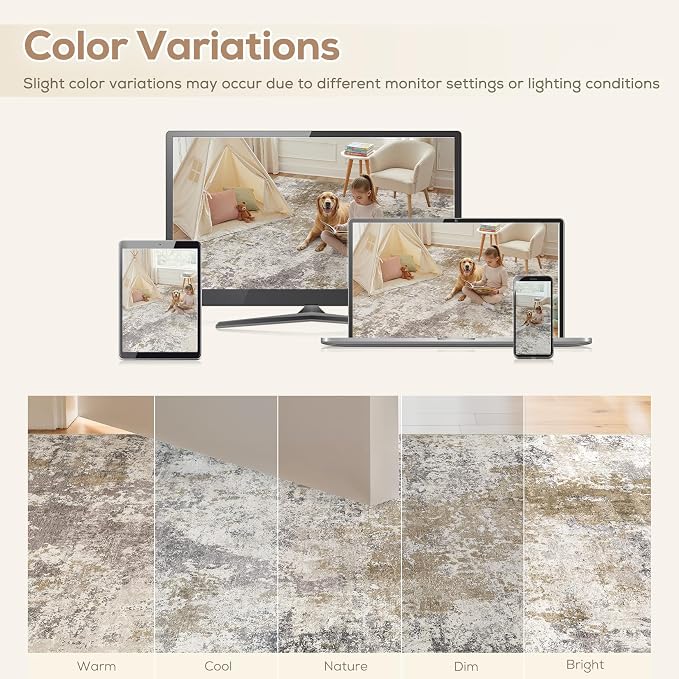 Nakagishi 12X15 Abstract Washable Area Rugs for Living Room-Brown Grey | Modern Non-Slip Silicone Backing Low Pile Soft Carpet for Bedroom Dining Decor Ideal for Families with Kids and Pets
