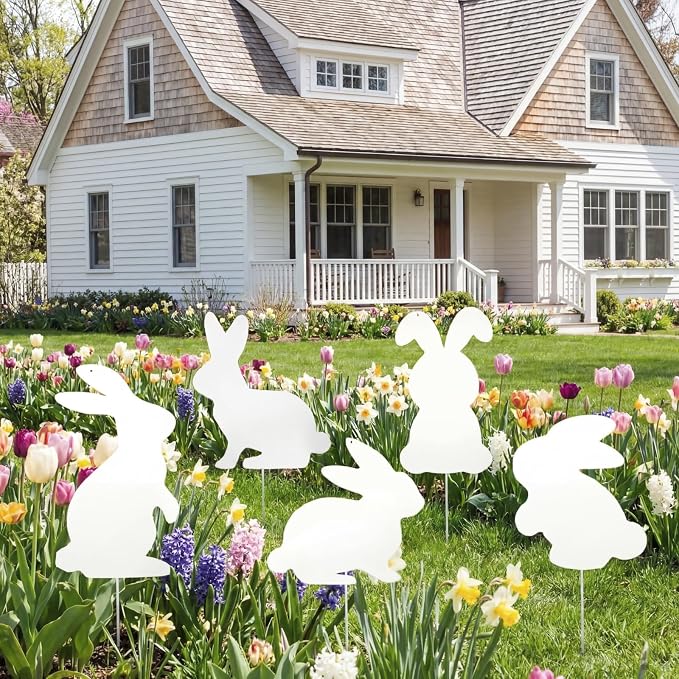 5 Pcs Metal Spring Yard Decorations Outdoor Bunny Yard Signs with Stakes Cute Spring Rabbit Decorative Lawn Signs for Indoor Outdoor Garden Pathway Walkway Holiday Party Decor