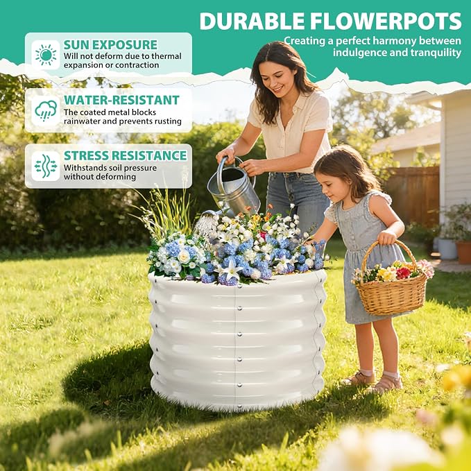 YSEJOMP 17" Tall Round Outdoor Garden Raised Garden Bed Kits-0.8MM Thick Metal Raised Planter Bed/Ground Planter Box for Variety of Flowers,Herbs,Vegetables,Trees (Cream White, 24 Dia X 16.5 inches)