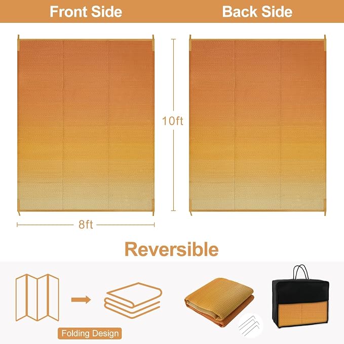 Lahome Outdoor Rug 9x12 Patio Waterproof, Reversible Plastic Straw Camping Rv Rugs for Outside Under Awning, Portable Lightweight Carpet for Porch Backyard, Orange Yellow 9'x12'