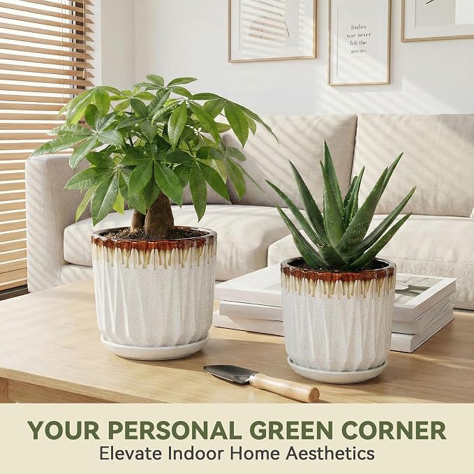10 Inch Ceramic Planter Pot with Saucer Drainage Leak-Proof Mesh,Flower Pots for Indoor Plants with Gardening Gloves,Ceramic Planter(Linen White)