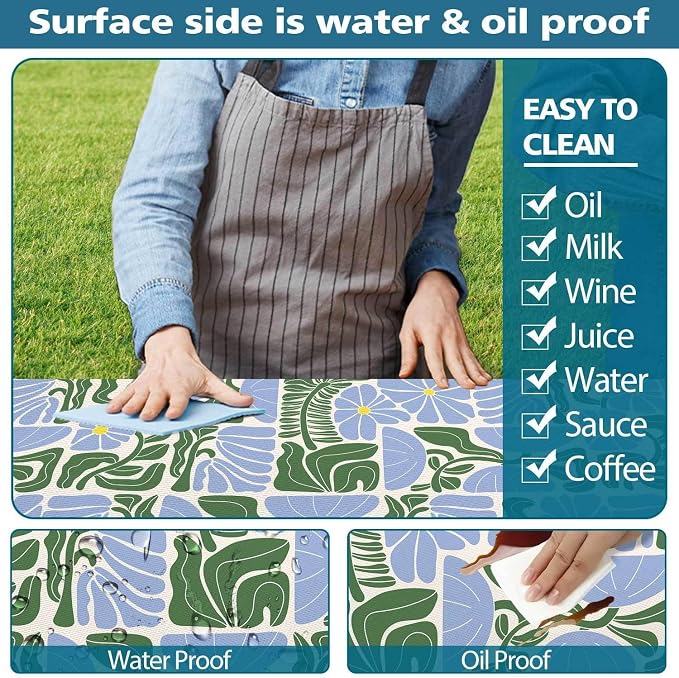 Picnic Table Covers with Bench Covers Boho Patchwork Blue Green Flower Pattern Camping Tablecloth Fitted Picnic Table Cover with Elastic Windproof Waterproof, Camping Accessories Outdoor, 96In 3PCS