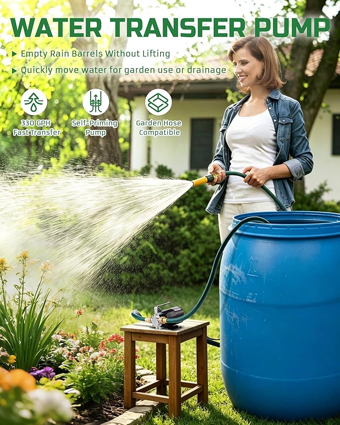 1/10HP Water Transfer Pump, Electric Utility Pump w/ 2 x 6 ft Garden Hose Kit, 110V 330GPH Water Removal Pump for Rain Barrel, Flooding & Aquarium, Self Priming Garden Water Drain Pumps