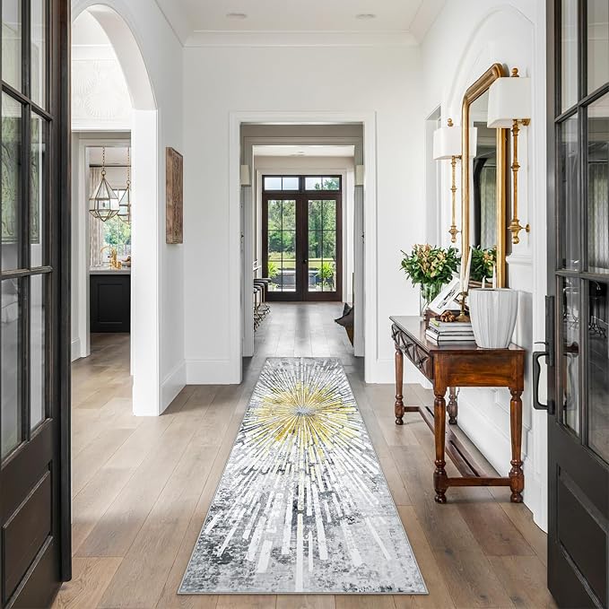 Lahome Manon Kitchen Runner Rug 2.5x8, Modern Non Skid Washable Runners for Hallways, Low Pile Soft Golden Indoor Abstract Carpet Runner for Entryway Bathroom Bedroom