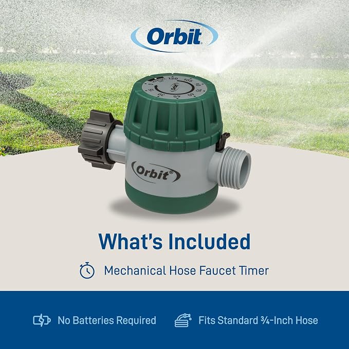 Orbit Mechanical Water Timer - Adjustable Irrigation Shutoff for Lawn & Garden Watering - Battery-Free Clockwork Hose Faucet Timer with Easy Grip Dial & Manual Bypass - 62034
