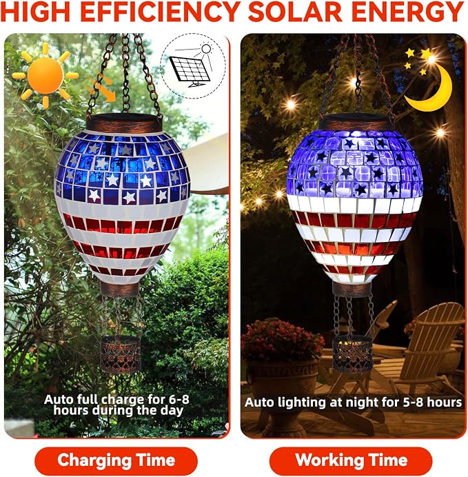 VOREEN American Flag Hot Air Balloon Solar Lantern, Handmade Mosaic Outdoor Hanging Wind Light, IP44 Waterproof, Patio Decorations, Gift for Mom Wife Friend, Patriotic Theme, 4th of July Decor