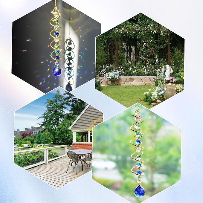Crystal Gazing Ball Wind Spinner Suncatcher with Hook Decor | Crystal Suncatcher Gazing Ball with Spiral Tail Rainbow Maker Beads Hanging for Window Indoor Outdoor Garden Wedding Decor