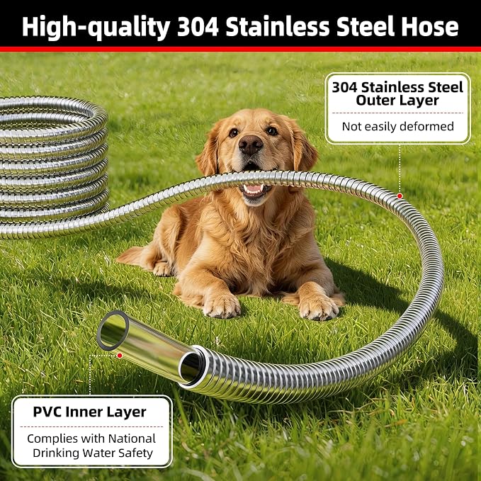 SPECILITE Stainless Steel Garden Water Hose 50 FT, Heavy Duty Metal Hose with Upgraded Reinforced 3/4" Female to Male Aluminium Fittings, Flexible & Lightweight Water Pipe for Reel, Yard, Outdoor