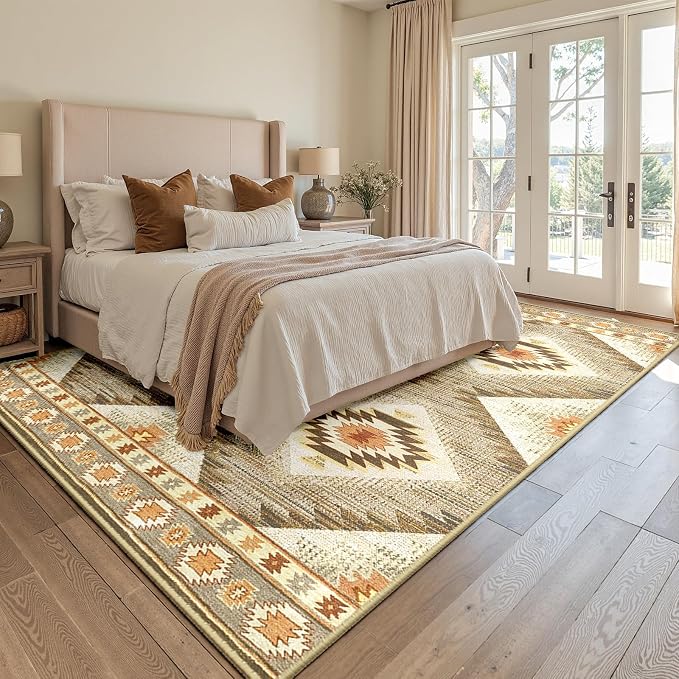 Area Rug 8x10 Rug Machine Washable Non-Slip Low Pile Print Pattern Western Rug for Living Room Bedroom Entryway Tribal Series -Cream/Camel | Soft Western No Slip Low Pile Print Foldable Indoor for Kitchen Dining Room